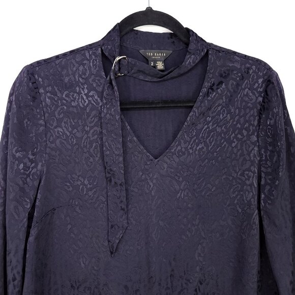 Ted Baker Satin Blouse Size 2 Dark Leopard Long Sleeve Jacquard Top Choker Neck - Picture 9 of 13